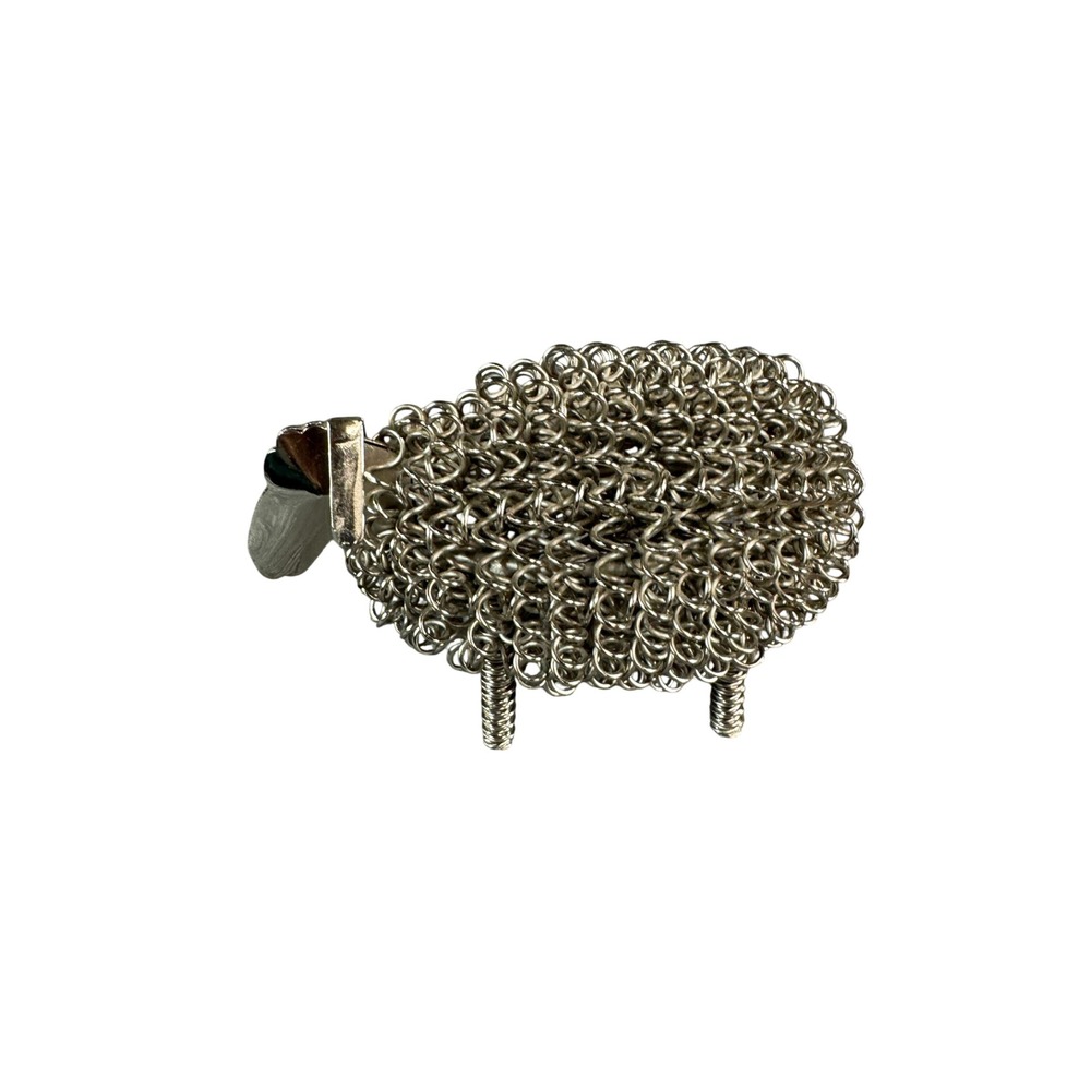 Vintage Metal Wire Sheep Figurine Chainmail Coiled Art Sculpture Silver Tone